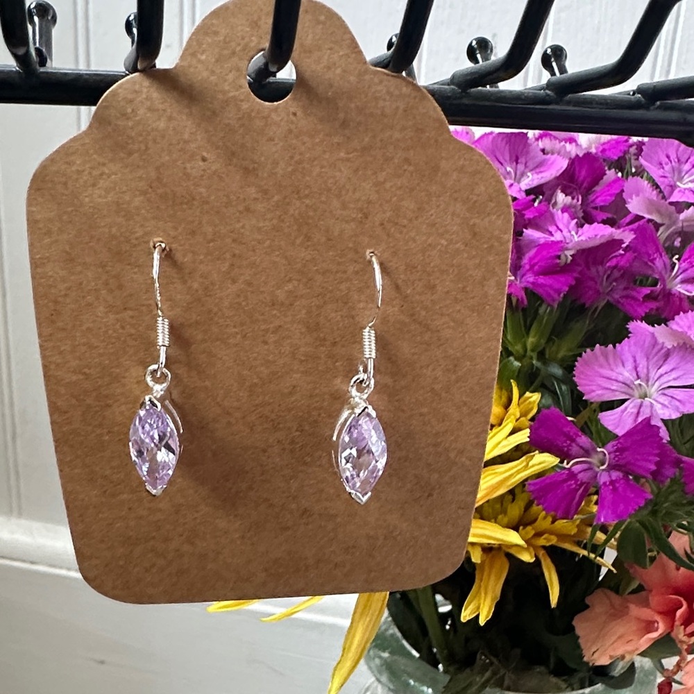 925 Sterling Silver Faceted Purple Amethyst Glass Marquise Drop Earrings